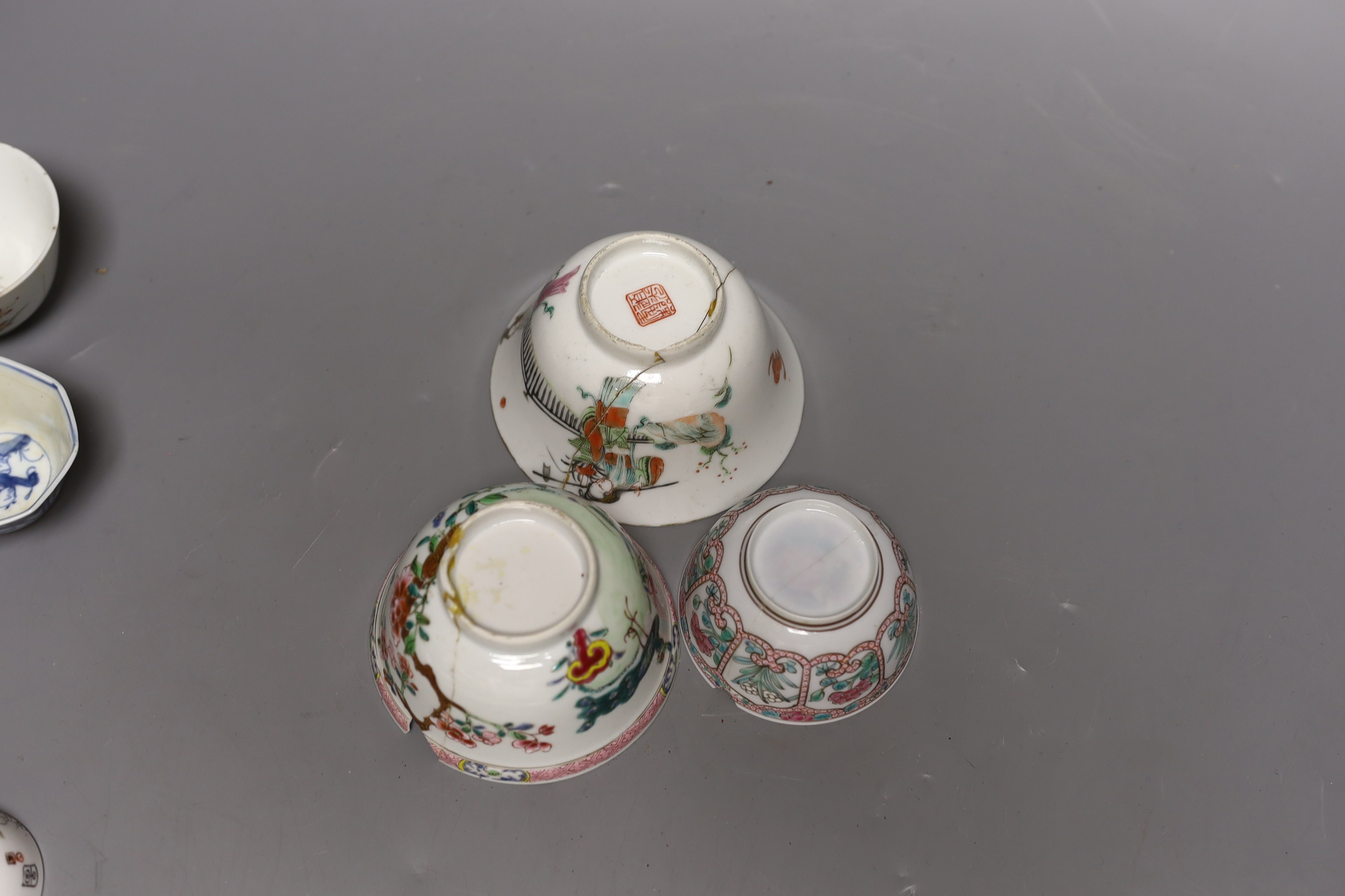 A Chinese Dehua libation cup, eight 18th century and later Chinese porcelain tea bowls and a Kutani tea bowl